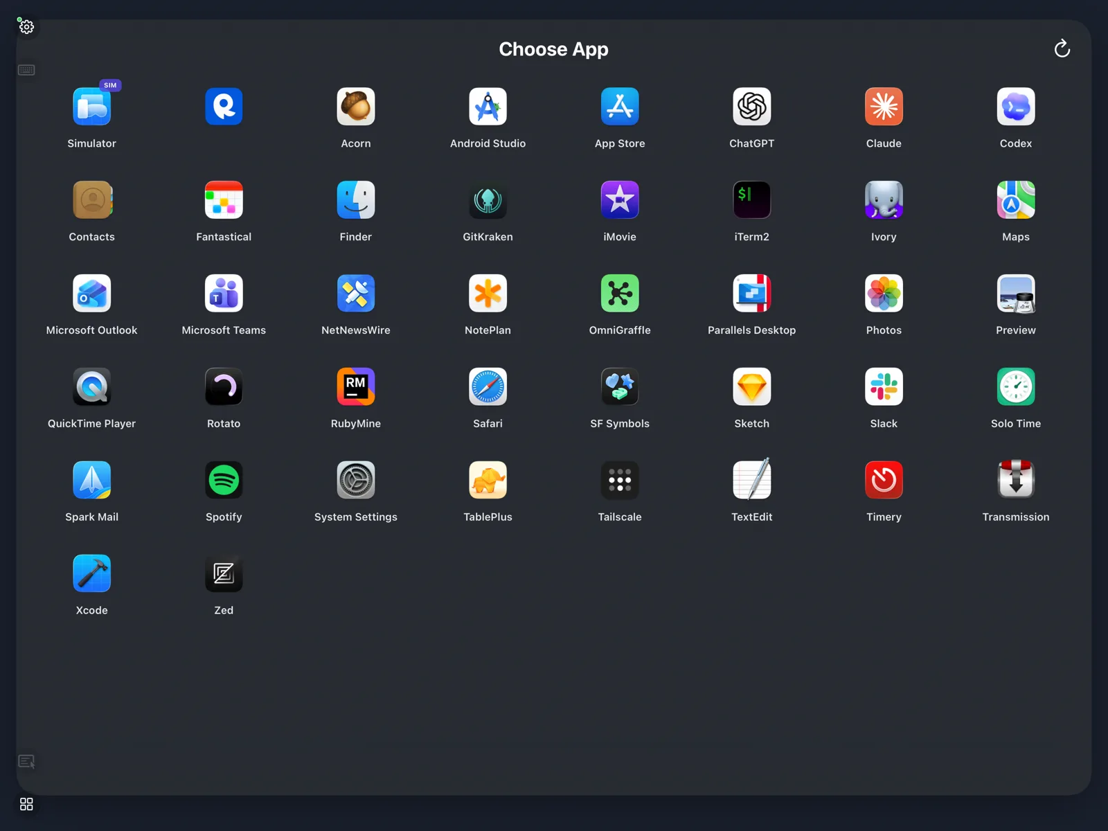 Apperture's Choose App screen on iPad, listing running Mac apps including Xcode, iTerm2, Safari, and the iOS Simulator