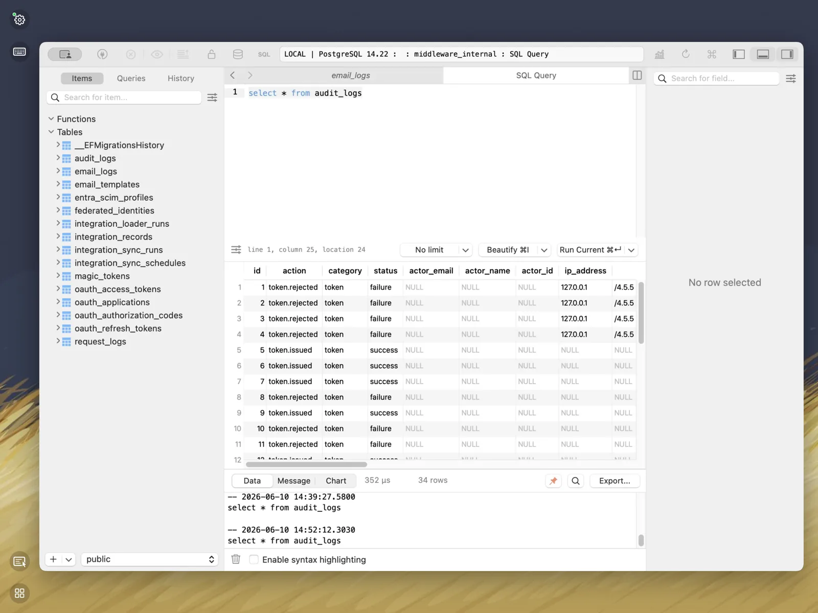 TablePlus, a Mac database app, streaming full screen to an iPad through Apperture