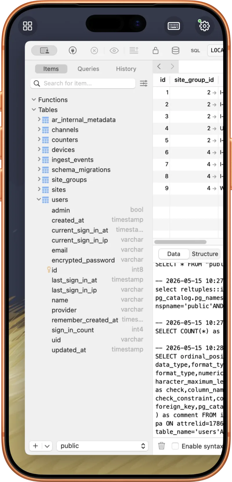 A Mac database app shared to an iPhone screen through Apperture, showing tables and a SQL query full screen